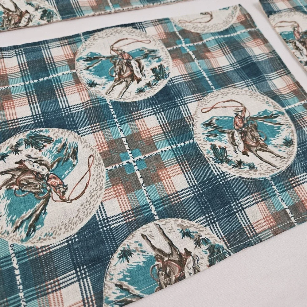 Vintage Cowboy Placemats Horse Roping South Western Rodeo Set of 6 Handmade